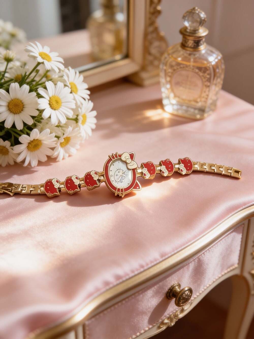 Hello Kitty Red Enamel Charm Bracelet Watch Gold Tone